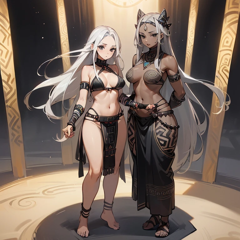 ((1 Indian woman)),((with tribal tattoos, abdomen 0,1))),((medium breasts, naked breasts, erect breasts, naked pussy)),((white hair)),((brown eyes, hopeless face )),((standing, In a haunted forest, at night)),((1 arm behind the back)),