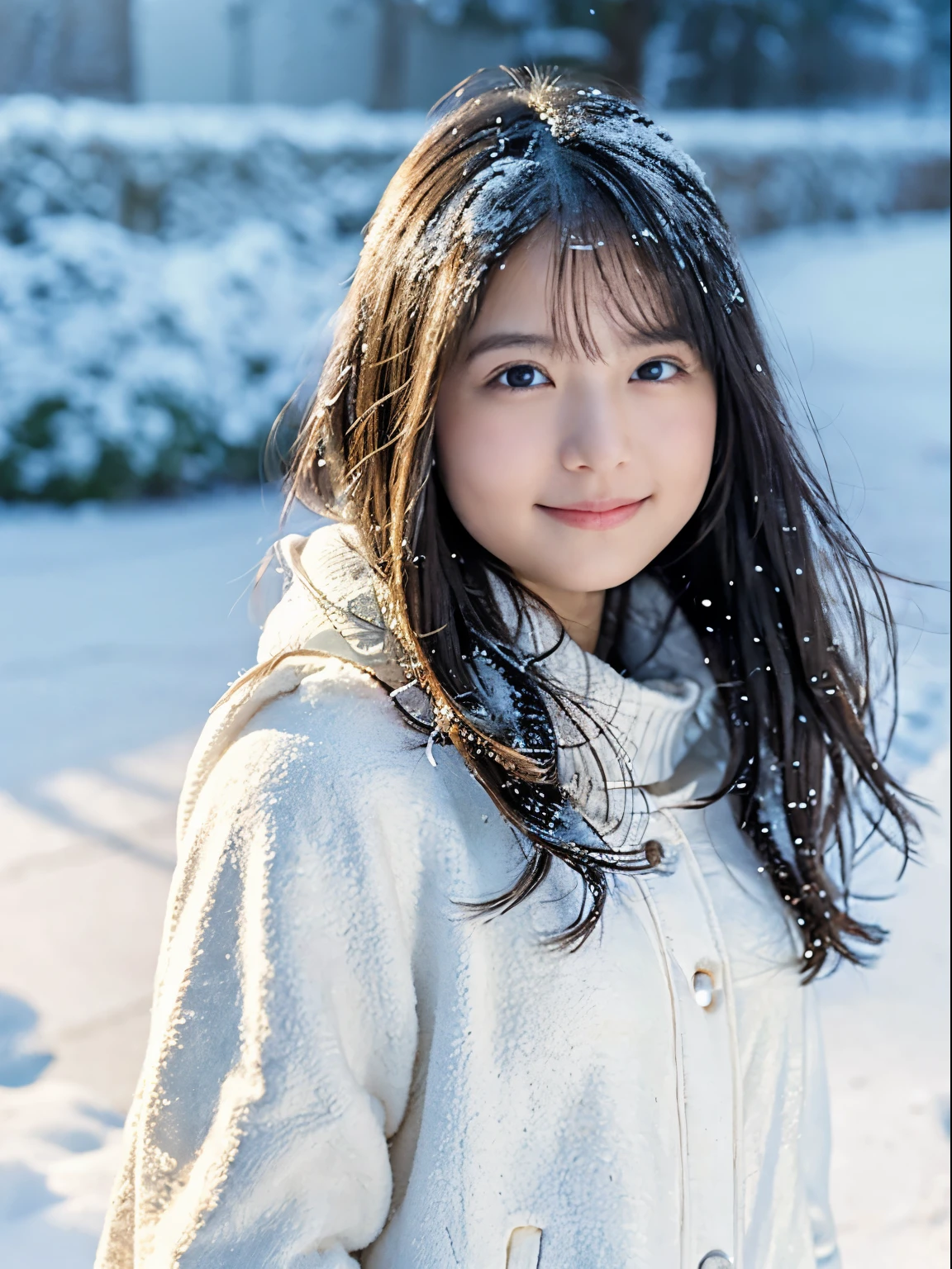 with a girl, snow scene, winter wonderland, cute and innocent look, rosy cheeks, sparkling eyes, warm winter clothes, Pose with movement、footsteps in the snow, falling snowflakes, Frosty tree, snow ground, soft snow texture, gentle and delicate lighting, pastel color palette, dreamy atmosphere, quirky and magical, High resolution masterpiece:1.2, super detailed, realistic:1.37, Bright colors, Bokeh、innocent smile、hair blowing in the wind、close up of face