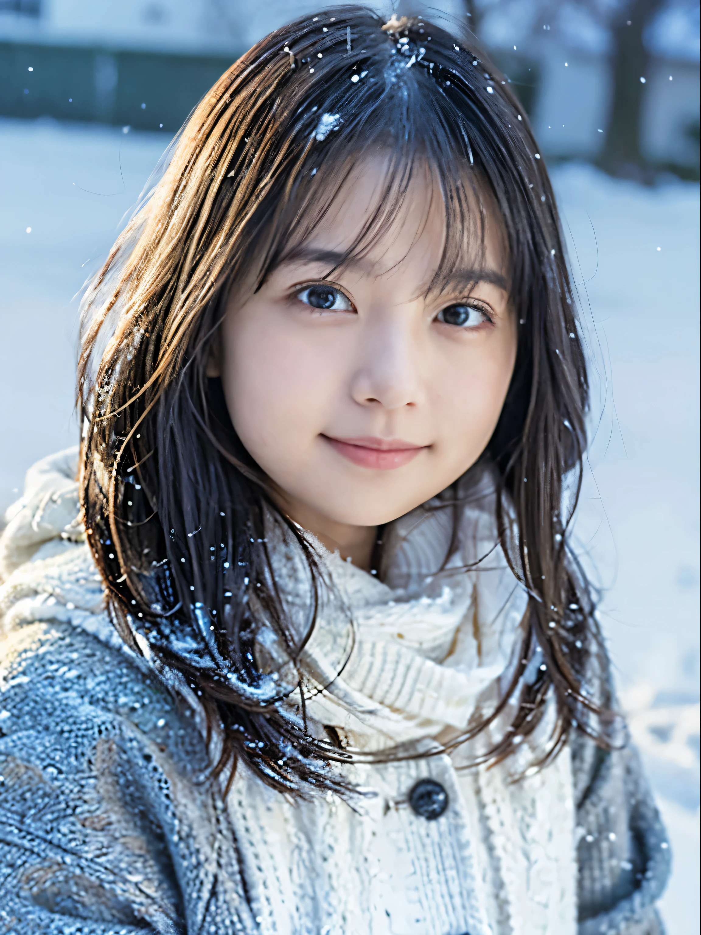 with a girl, snow scene, winter wonderland, cute and innocent look, rosy cheeks, sparkling eyes, warm winter clothes, Pose with movement、footsteps in the snow, falling snowflakes, Frosty tree, Snow, soft snow texture, gentle and delicate lighting, pastel color palette, dreamy atmosphere, quirky and magical, High resolution masterpiece:1.2, Super detailed, realistic:1.37, bright colors, Bokeh、innocent smile、hair blowing in the wind、close up of face、18 year old girl