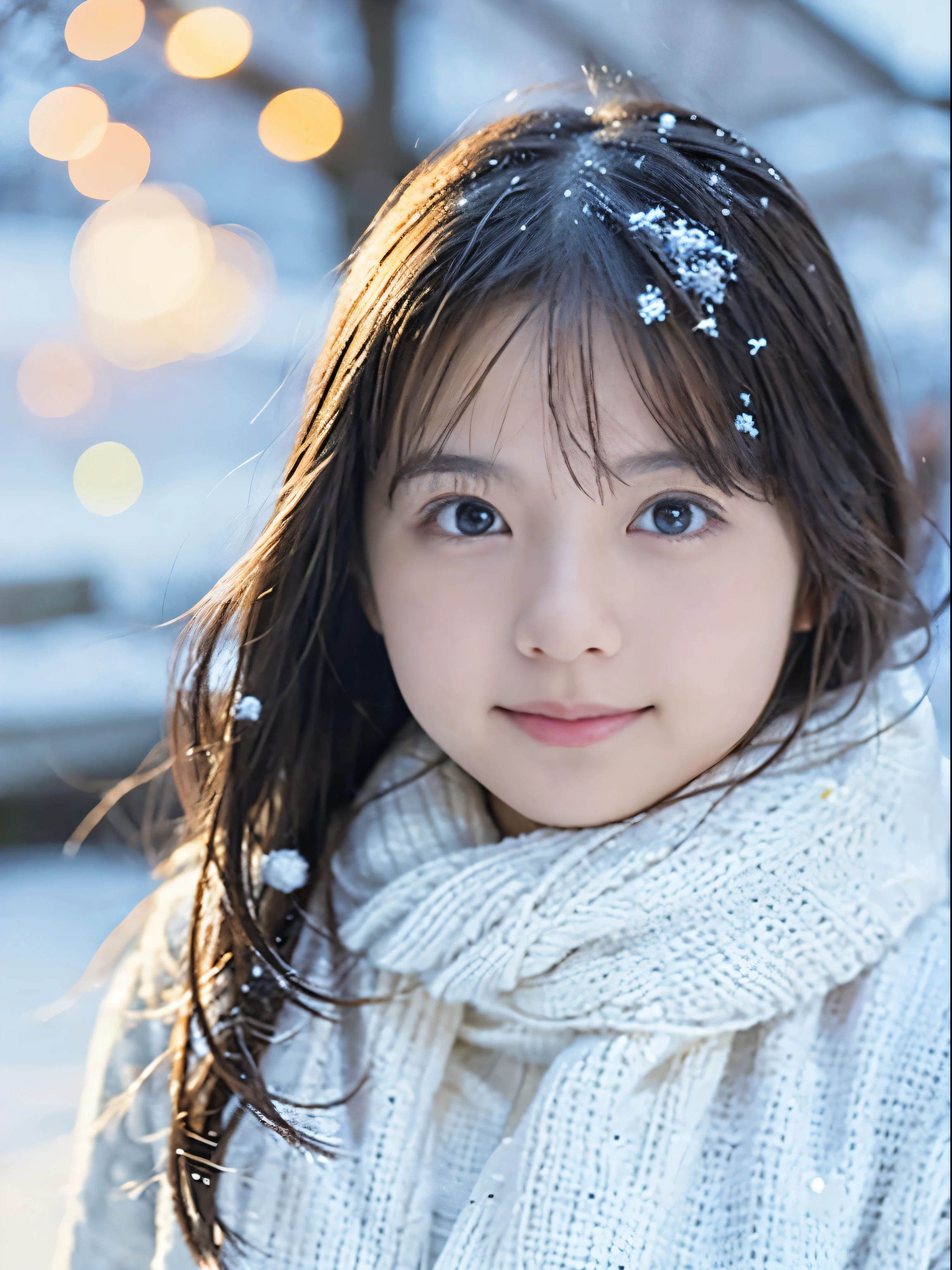 with a girl, snow scene, winter wonderland, cute and innocent look, rosy cheeks, sparkling eyes, warm winter clothes, Pose with movement、footsteps in the snow, falling snowflakes, Frosty tree, Snow, soft snow texture, gentle and delicate lighting, pastel color palette, dreamy atmosphere, quirky and magical, High resolution masterpiece:1.2, Super detailed, realistic:1.37, bright colors, Bokeh、innocent smile、hair blowing in the wind、close up of face