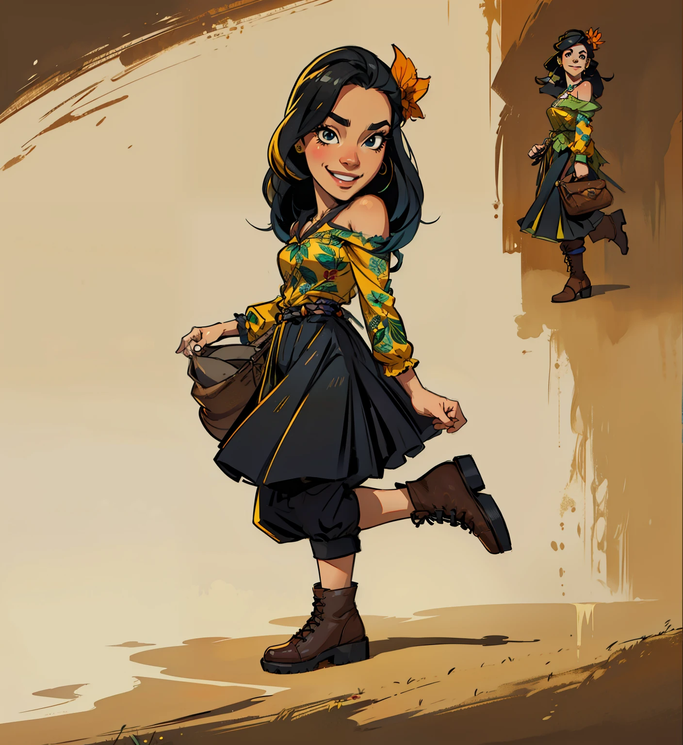 Mulher, estilo dos desenhos animados, saia amarela, black pants, camisa floral, bota marrom, sorrindo, pixar style.