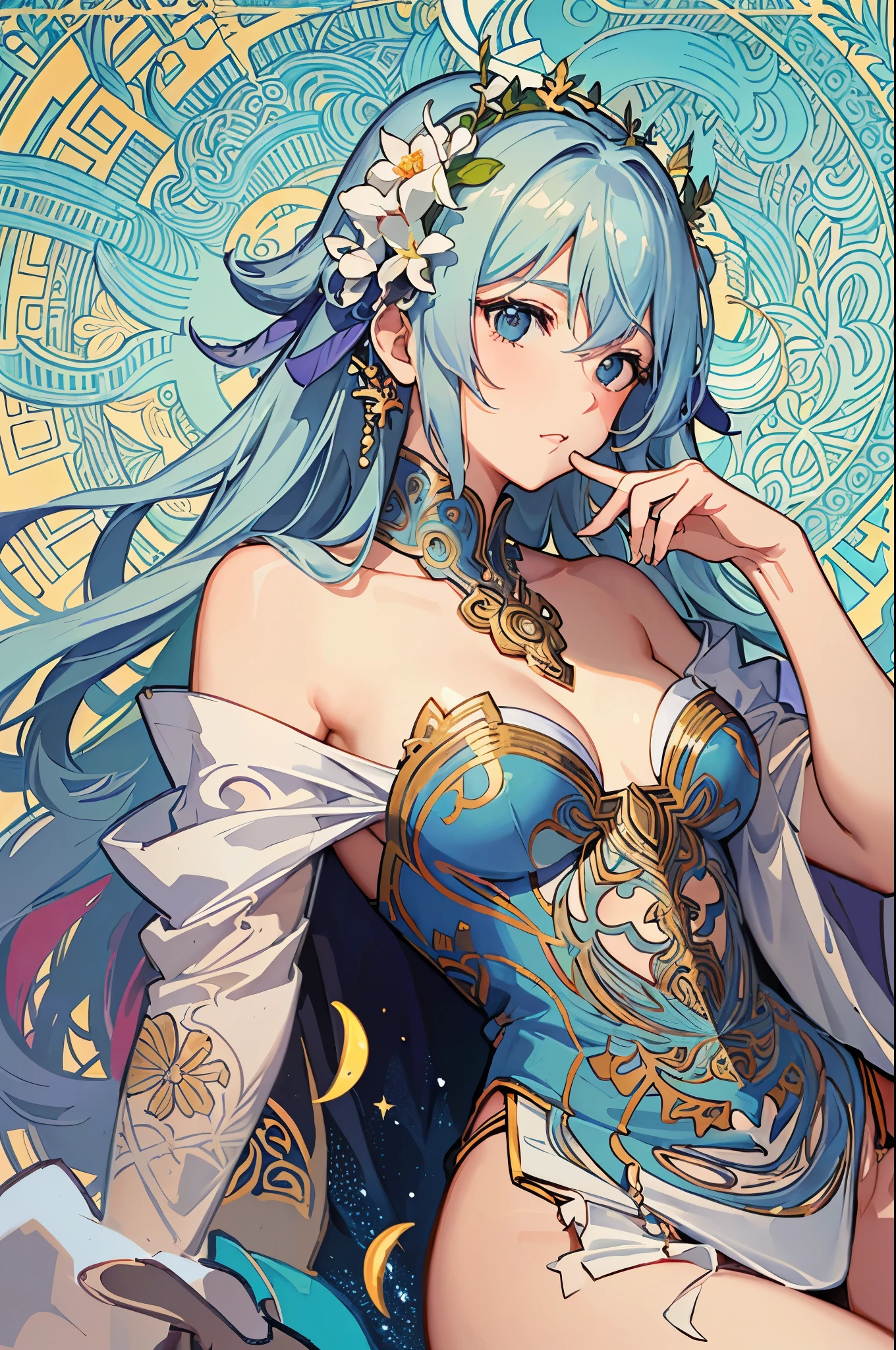 a painting of a woman sitting on a chair with flowers, anime art nouveau, alphonse mucha and rossdraws, alphonse mucha style, korean art nouveau anime, flat shading mucha, in style of alphonse mucha, demura and alphonse mucha, anime art nouveau cosmic display, inspired by Alfonse Mucha, mucha style, flat cel shading mucha