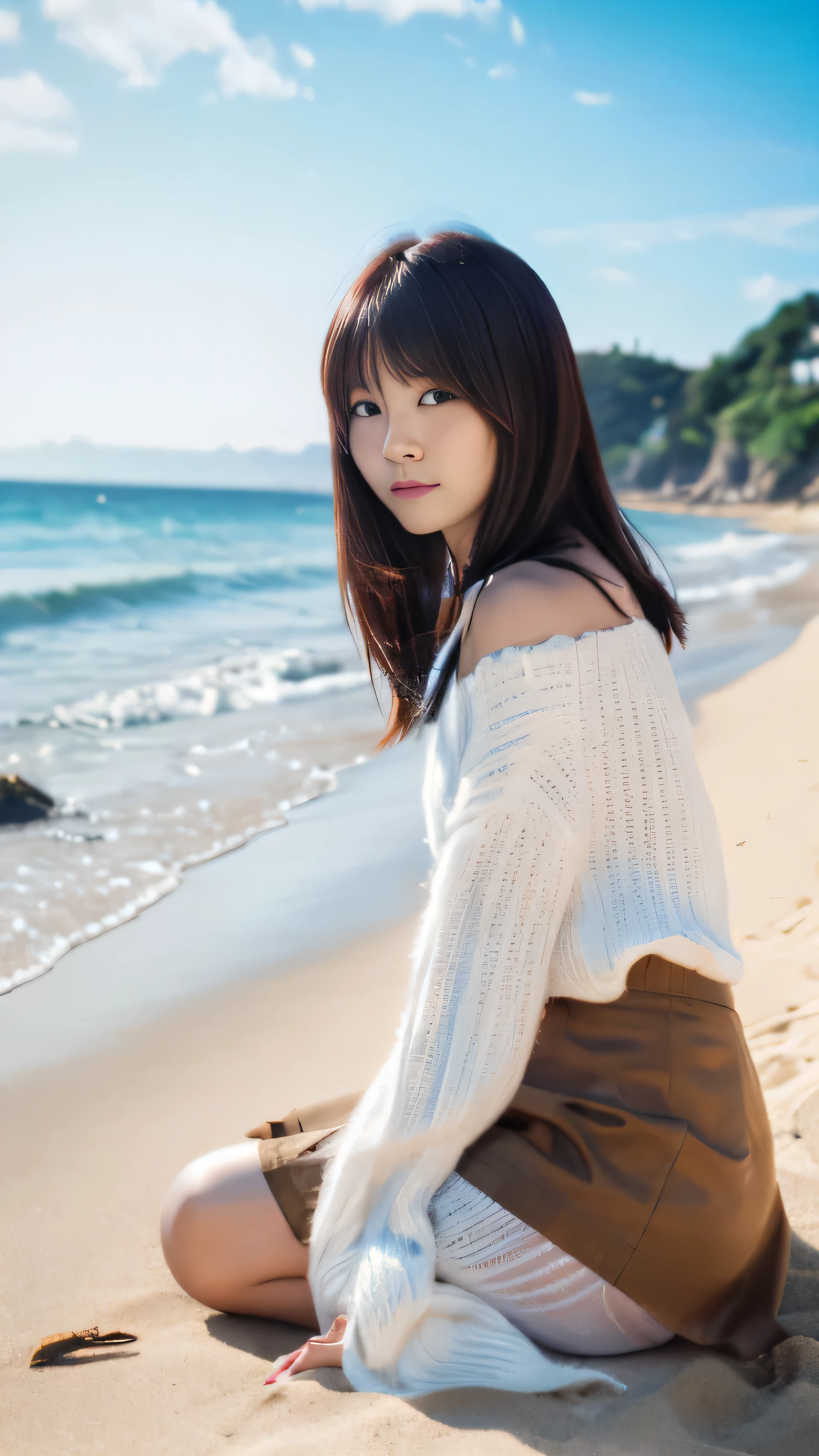 ((masterpiece)), ((best quality)), ((highres)), ((extremely detailed CG unity 8k wallpaper)), solo, tachibana kanade, tan , black skirt, white socks, outdoors, face, curtained hair, beach, parted hair, silver hair