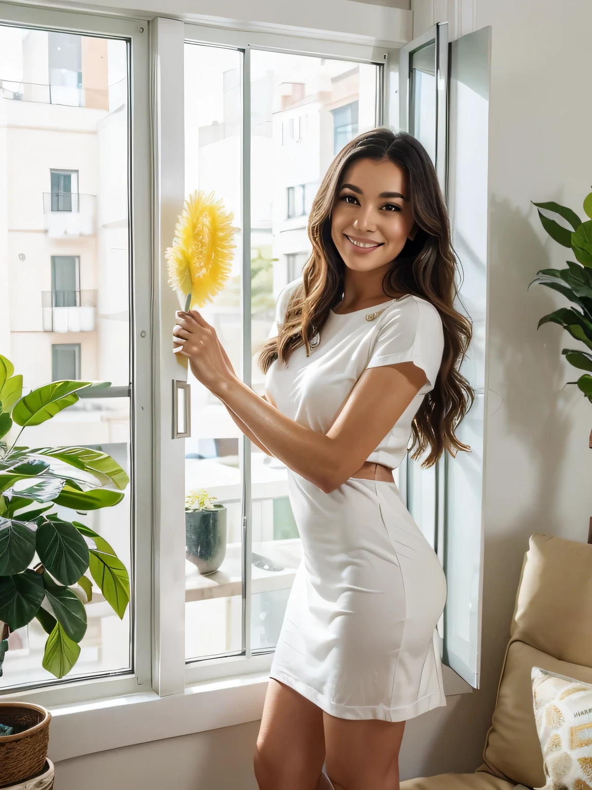 (best quality,4k,8k,highres,masterpiece:1.2),ultra-detailed,(realistic,photorealistic,photo-realistic:1.37),portrait,beautiful fit Cuban girl,smiling,girl,girl cleaning house,housecleaning,detailed eyes and face,detailed lips,curly black hair,tidy living room,bright sunlight streaming through the window,clean and shiny floors,sparkling clean windows,lemon-scented cleaning products,freshly laundered curtains and linens,favorite cleaning playlist playing in the background,tidying up with a feather duster,vibrant colors,freshly potted plants on the windowsill,modern furniture and home decor,spacious and airy room,feminine and elegant dress,confident posture,cheerful mood,happy cleaning,meticulous attention to detail,natural beauty,calm and peaceful atmosphere,positive energy,lovingly arranging decorative items on the shelves,organized and clutter-free space,lush indoor plants giving out a soothing vibe,delicate scent of a scented candle,warm and cozy ambiance,bustling cityscape visible through the window,creating a cozy and inviting home,pride in a clean and well-maintained living space.