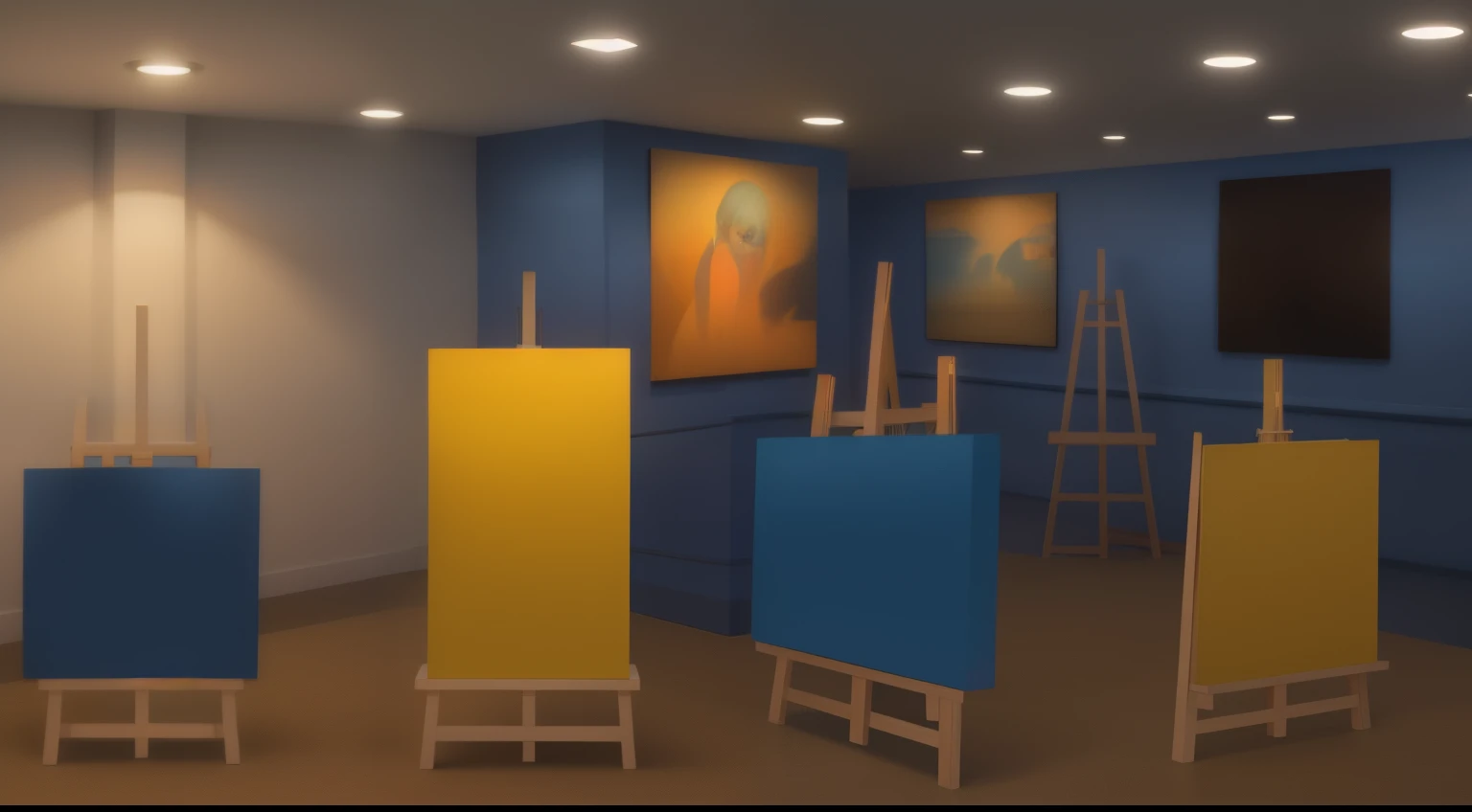 Uma Galeria de artes, pintar a Galeria nas cores: rosa, amarelo, alaranjado e azul, cores vibrantes e bem definidas em 8K.