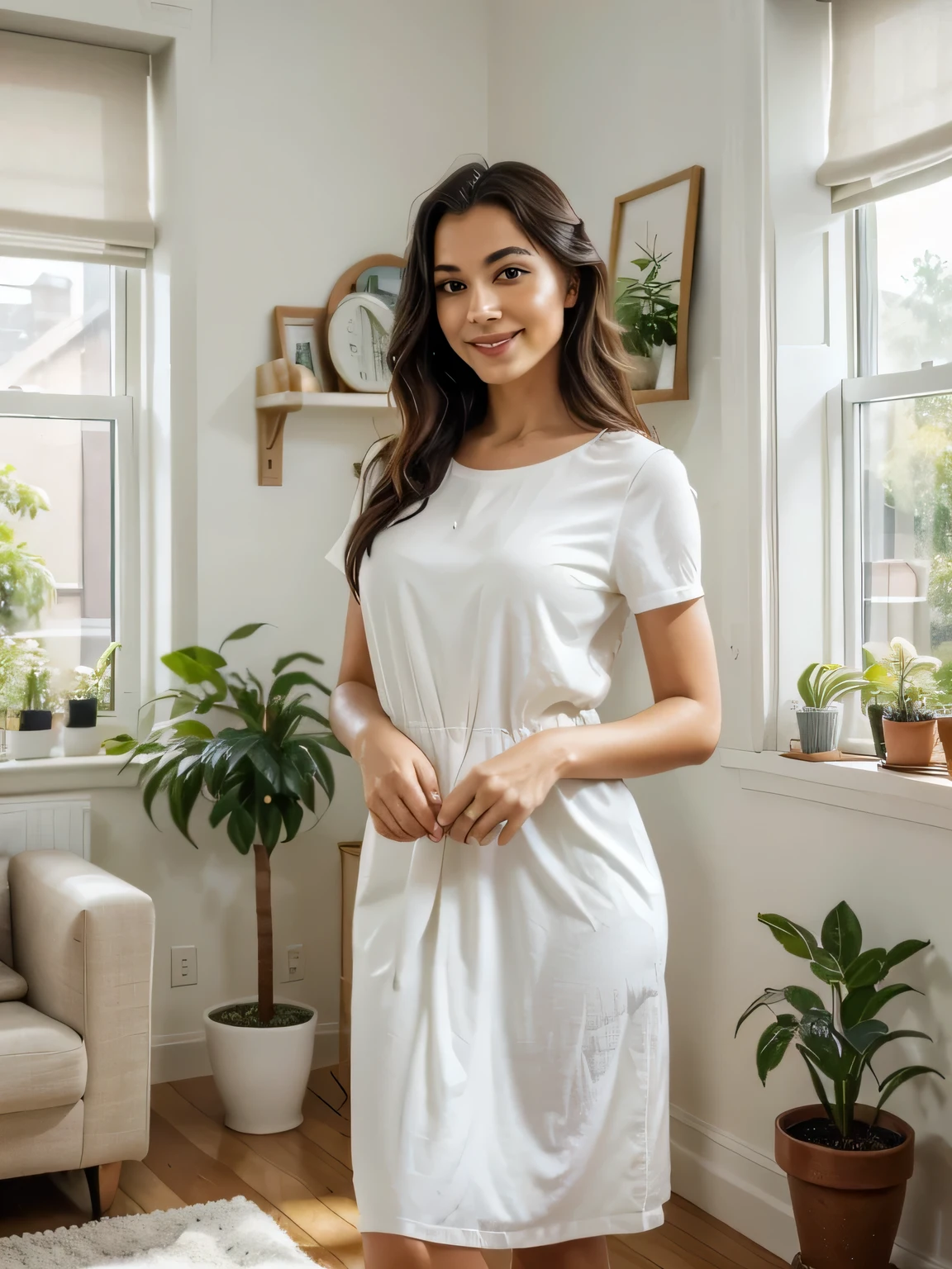 (best quality,4k,8k,highres,masterpiece:1.2),ultra-detailed,(realistic,photorealistic,photo-realistic:1.37),portrait,beautiful fit Cuban girl,smiling,girl,girl cleaning house,housecleaning,detailed eyes and face,detailed lips,curly black hair,tidy living room,bright sunlight streaming through the window,clean and shiny floors,sparkling clean windows,lemon-scented cleaning products,freshly laundered curtains and linens,favorite cleaning playlist playing in the background,tidying up with a feather duster,vibrant colors,freshly potted plants on the windowsill,modern furniture and home decor,spacious and airy room,feminine and elegant dress,confident posture,cheerful mood,happy cleaning,meticulous attention to detail,natural beauty,calm and peaceful atmosphere,positive energy,lovingly arranging decorative items on the shelves,organized and clutter-free space,lush indoor plants giving out a soothing vibe,delicate scent of a scented candle,warm and cozy ambiance,bustling cityscape visible through the window,creating a cozy and inviting home,pride in a clean and well-maintained living space.