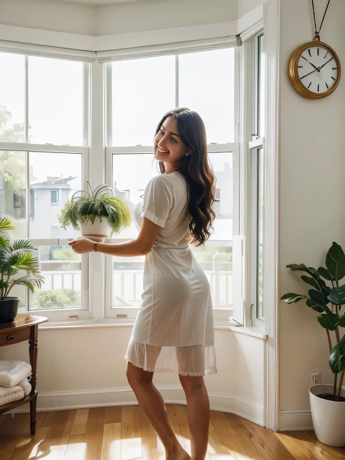 (best quality,4k,8k,highres,masterpiece:1.2),ultra-detailed,(realistic,photorealistic,photo-realistic:1.37),portrait,beautiful fit Cuban girl,smiling,girl,girl cleaning house,housecleaning,detailed eyes and face,detailed lips,curly black hair,tidy living room,bright sunlight streaming through the window,clean and shiny floors,sparkling clean windows,lemon-scented cleaning products,freshly laundered curtains and linens,favorite cleaning playlist playing in the background,tidying up with a feather duster,vibrant colors,freshly potted plants on the windowsill,modern furniture and home decor,spacious and airy room,feminine and elegant dress,confident posture,cheerful mood,happy cleaning,meticulous attention to detail,natural beauty,calm and peaceful atmosphere,positive energy,lovingly arranging decorative items on the shelves,organized and clutter-free space,lush indoor plants giving out a soothing vibe,delicate scent of a scented candle,warm and cozy ambiance,bustling cityscape visible through the window,creating a cozy and inviting home,pride in a clean and well-maintained living space.