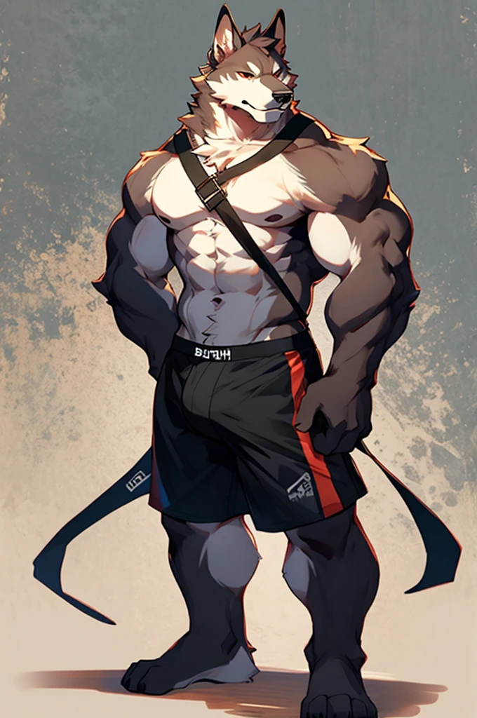 (solo,furry,anthro),male,standing,front view, muscular body, simple image background, Pitbull,wearing boxer shorts, hands behind back, by bebebebebe:1.2,by buta99,by foxovh,by ruan jia
