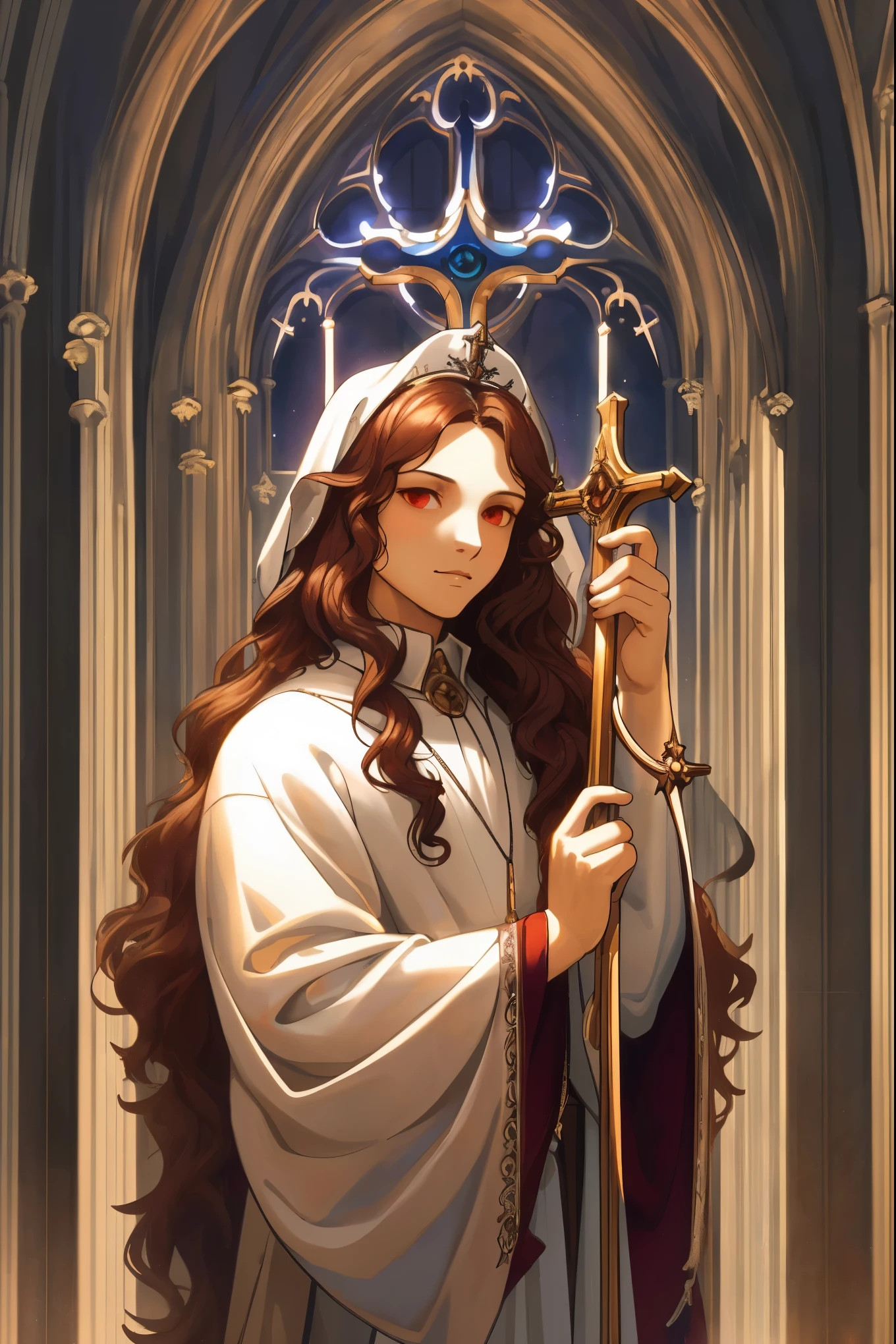 High detail RAW color art, animation, marble skin of a male angel, high angle, marble statue, (((ultra detailed elegant, beautiful face))), (crucifixion), white skin, wearing catholic robe, magical atmosphere, ((long curly hair)), (focus on face), (((gothic cathedral on background))), (detailed skin, skin texture), (intricately detailed, fine details, hyper detailed), raytracing, subsurface scattering, diffused soft lighting, shallow depth of field, by (Oliver Wetter), by Leonardo da Vinci,