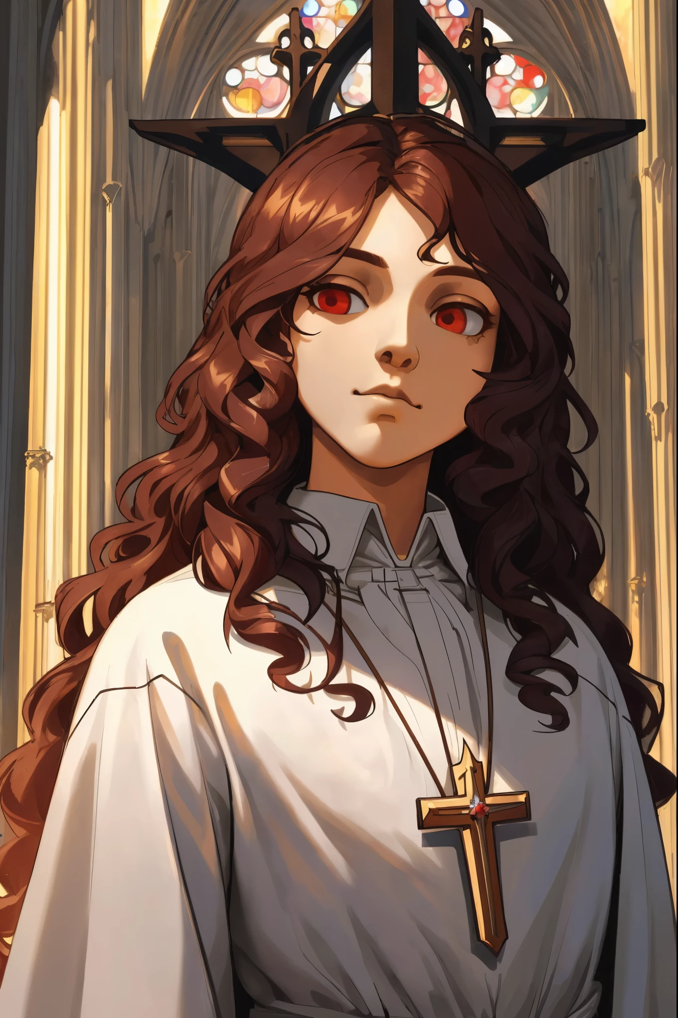 High detail RAW color art, animation, marble skin of a male angel, high angle, marble statue, (((ultra detailed elegant, beautiful face))), (crucifixion), white skin, wearing catholic robe, magical atmosphere, ((long curly hair)), (focus on face), (((gothic cathedral on background))), (detailed skin, skin texture), (intricately detailed, fine details, hyper detailed), raytracing, subsurface scattering, diffused soft lighting, shallow depth of field, by (Oliver Wetter), by Leonardo da Vinci,