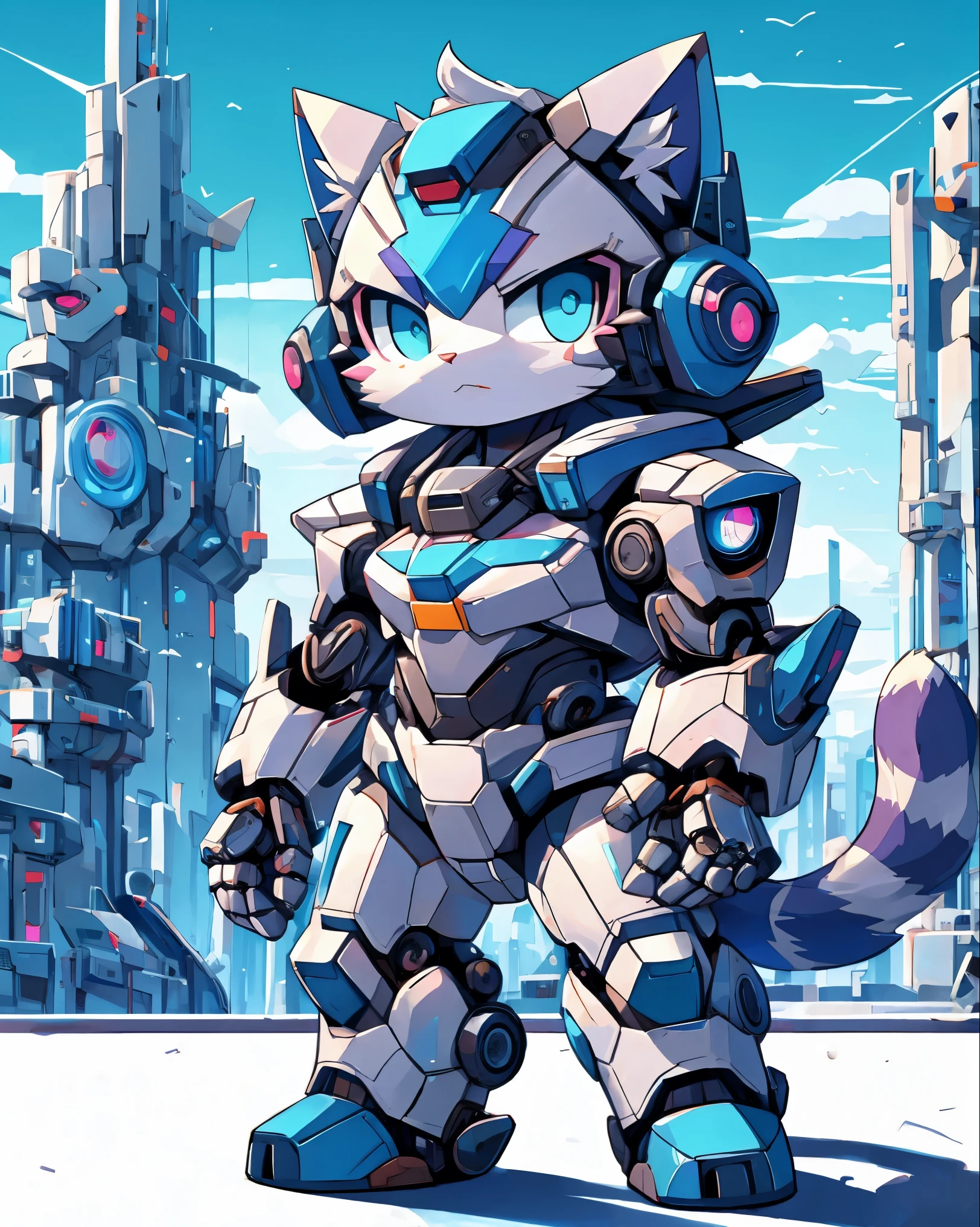 Cat wearing futuristic mecha suit, chibi, standing, background neon city with light purple and blue, stunning style