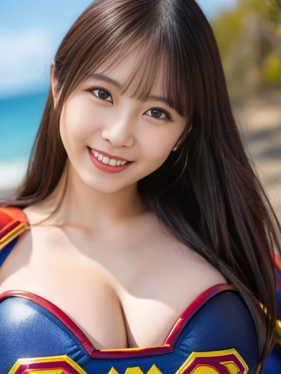 Anadea 69 close-up, Posing for the camera, wearing a supergirl suit, grin, sexy, 4K, HDR、(big breasts:1.8、You can see beautiful cleavage)