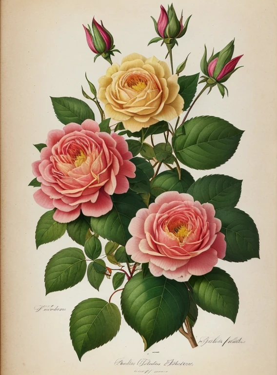 (best quality:1.2), (detailed:1.2), (artwork:1.2), vintage botanical illustrations of Larger Provence Rose (1770 1775) in high resolution by John Edwards
