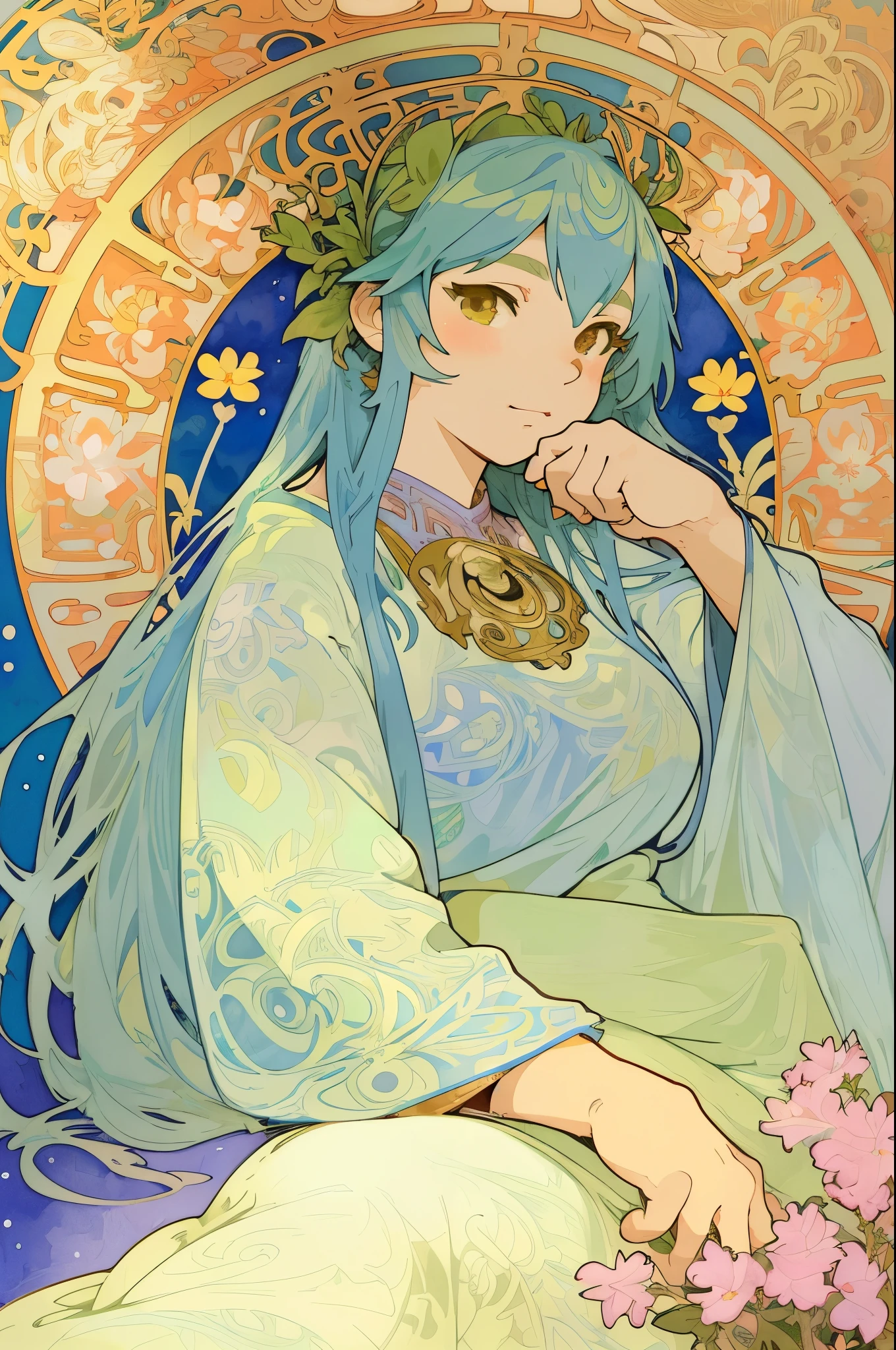 a painting of a woman sitting on a chair with flowers, anime art nouveau, alphonse mucha and rossdraws, alphonse mucha style, korean art nouveau anime, flat shading mucha, in style of alphonse mucha, demura and alphonse mucha, anime art nouveau cosmic display, inspired by Alfonse Mucha, mucha style, flat cel shading mucha