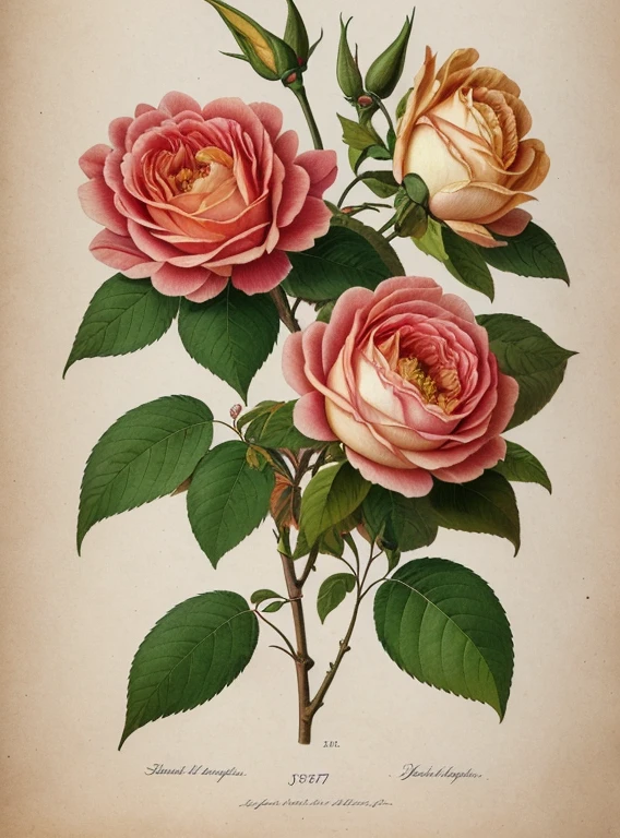 (best quality:1.2), (detailed:1.2), (artwork:1.2), vintage botanical illustrations of Larger Provence Rose (1770 1775) in high resolution by John Edwards