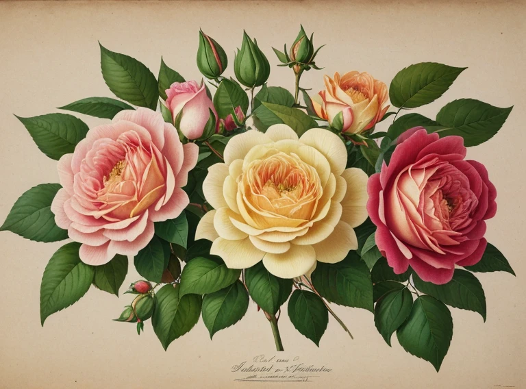 (best quality:1.2), (detailed:1.2), (artwork:1.2), vintage botanical illustrations of Larger Provence Rose (1770 1775) in high resolution by John Edwards
