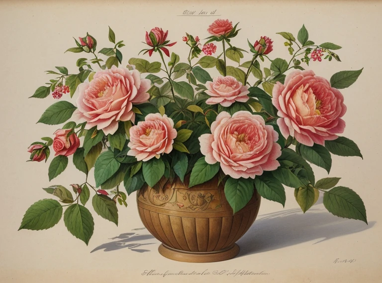 (best quality:1.2), (detailed:1.2), (artwork:1.2), vintage botanical illustrations of Larger Provence Rose (1770 1775) in high resolution by John Edwards