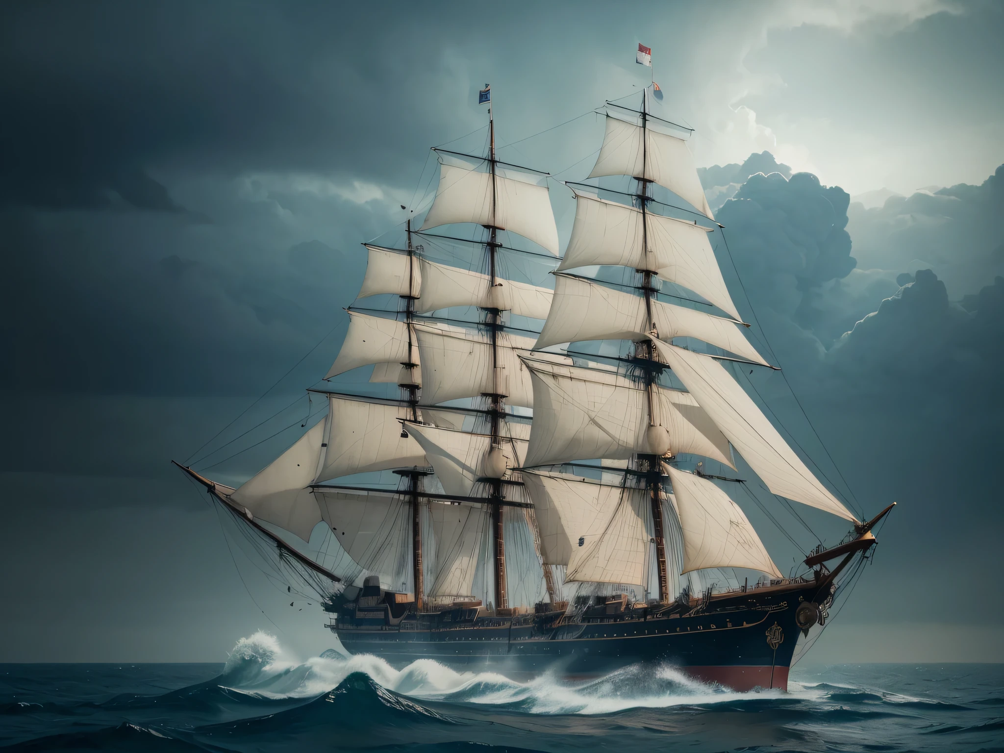 there is a big English sailing ship, navegando no oceano ao nascer do sol, navio no mar, huge galleon, navio perdido em uma tempestade, gothic ship in the ocean, dramatic nautical scene, navios, sailing navios. ultra definition, ultra realista, ultra focado. award-winning cinema lighting, Obra-prima 8k, maximum quality, melhor qualidade, arte oficial, (Beauty and aesthetics: 1.3), extremamente detalhado., ultra definition, ultra realista, ultra focado. award-winning cinema lighting, Obra-prima 8k, maximum quality, melhor qualidade, arte oficial, (Beauty and aesthetics: 1.3), extremamente detalhado.