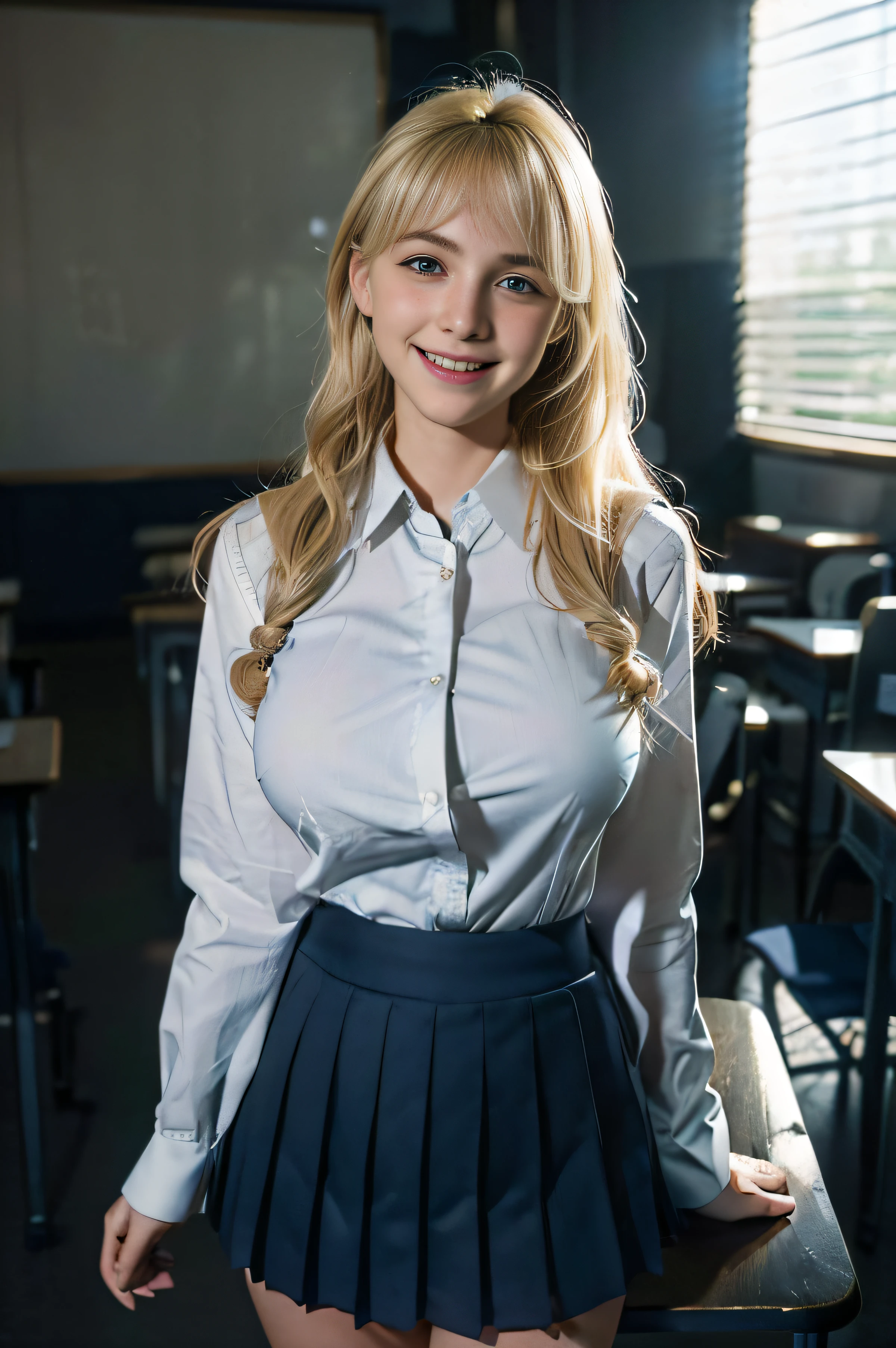 ((blonde beautiful girl:1.3)) ((school uniforms:1.4)) ((panty shot:1.5)) ((high school)),((dark blue skirt:1.3)) ((in the class room:1.3)) ((thin_fabric:1.4)) ((random sexy pose:1.3)) ((sweaty:1.5))((face is flushed:1.4)) ((big breasts:1.4)) ((close-up:1.2)) best quality, masterpiece, ultra high res,(photorealistic:1.4),raw photo,(Authentic skin texture:1.3),(film grain:1.3) ,panorama, character portrait, very wide shot, narrow waist, cowboy shot,(in the dark, deep shadow, low key, cold light,) night,(()),streaming tears,,dust,Tyndall effect,(expression),1girl, beautiful detailed eyes and face, white jabot, blue eyes,((blonde hair:1.2)) ((full body:1.3)) ((smile:1.3))