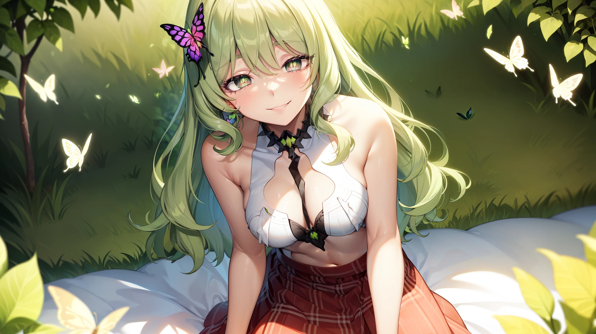 1 girl，Best quality, tmasterpiece, Long green hair, beautiful,detailed eyes, HD, super cute girl, super cute hairstyle, extremely detailed, Visually inspect the audience, The face is slightly red，is shy，adolable， small breasts cleavage, skirt, pleated skirt, frills, white dress, (solo:1.6), seductive smile, (green eyes with beautiful pupils:1.7), (on her knees:1.5), (garden background with butterflies and flowers around:1.2),