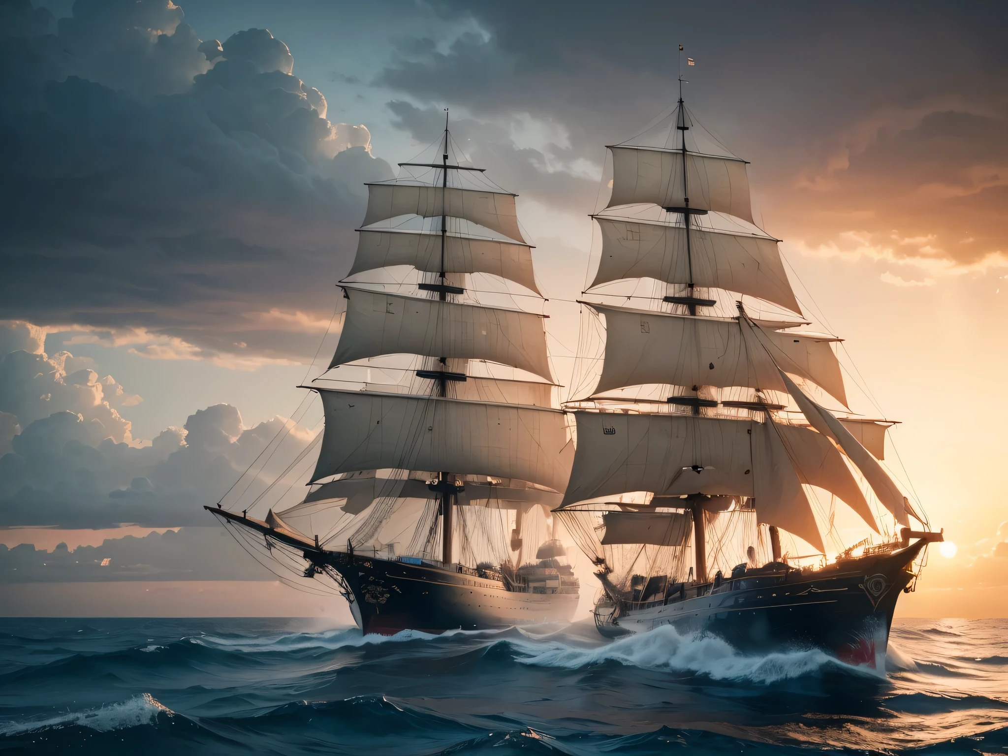 there is a big English sailing ship, navegando no oceano ao nascer do sol, navio no mar, huge galleon, navio perdido em uma tempestade, gothic ship in the ocean, dramatic nautical scene, navios, sailing navios. ultra definition, ultra realista, ultra focado. award-winning cinema lighting, Obra-prima 8k, maximum quality, melhor qualidade, arte oficial, (Beauty and aesthetics: 1.3), extremamente detalhado., ultra definition, ultra realista, ultra focado. award-winning cinema lighting, Obra-prima 8k, maximum quality, melhor qualidade, arte oficial, (Beauty and aesthetics: 1.3), extremamente detalhado.