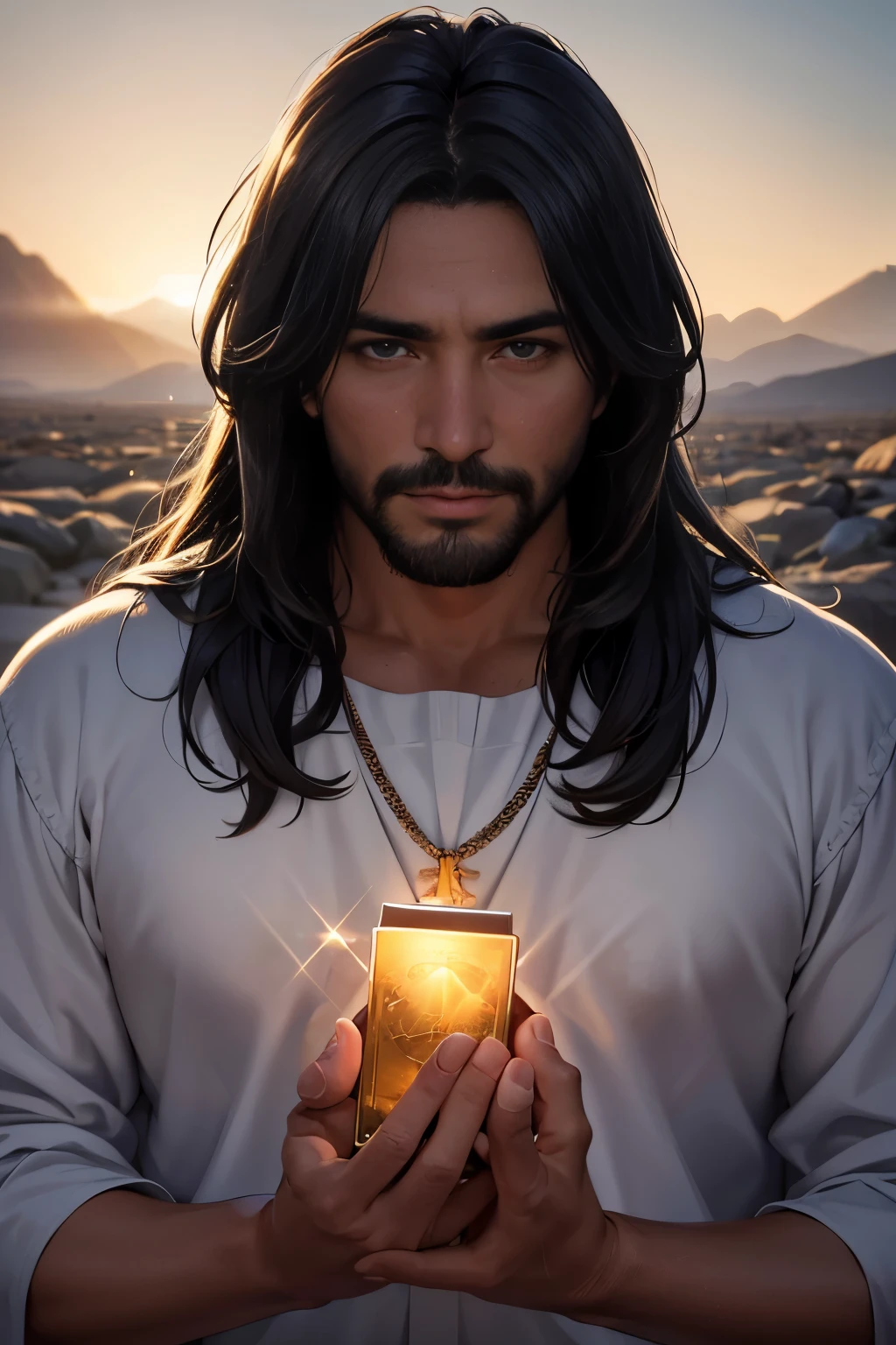 Cinematic depiction of Jesus Christ in Heaven,
Realistic and hyperrealistic representation,
Photorealistic rendering with UHD resolution,
DSLR capturing every intricate detail,
HDR enhancing the divine light,
Cinematic lighting casting long shadows,
Depth of field bringing focus to His eyes,
Bokeh adding a dreamlike quality,
professional photography of a deity,
Award-winning image of a 40-year-old man,
Mexican skin tone, handsome face,
Best quality RAW photo in 8k,
Detailed portrait with rugged mountain range backdrop,
Rocky terrain, dramatic peaks