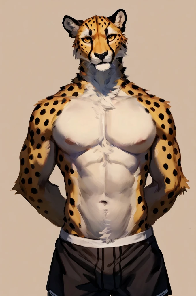 (solo,furry,anthro),male,standing,front view, muscular body, simple image background, Cheetah,wearing boxer shorts, hands behind back, by bebebebebe:1.2,by buta99,by foxovh,by ruan jia
