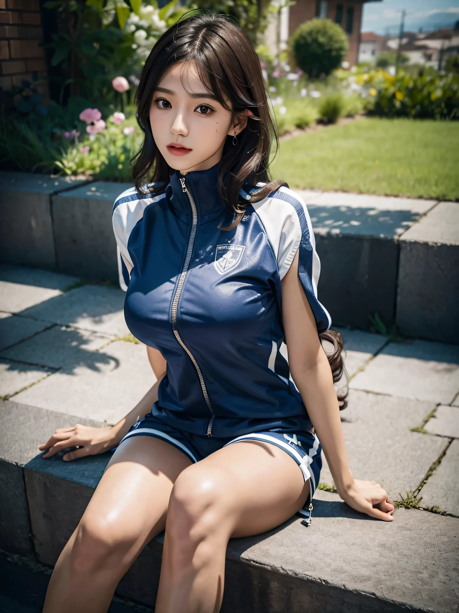 （Front Focus），(8K),（Under the blue sky）, ((Colossal tits)),  ((big butts)),  ((Only the upper body is exposed)), Fantasyart，((Natural Atsushi brown hair、poneyTail)), ((Sexy athletics uniforms)), photographrealistic，动态照明，art  stations，poster for，Volumetriclighting，extra detailed face，4 k''，((Show your crotch)),  spreading legs、Lying on a field of green grass, (You can see the crotch opening the legs),  (mekosji), 束缚，耳环，Sexy thighs，exposing the abdomen ,Chest 1 Girl, No audience, deepshadow, low tune, Cowboy Shot, (official clothing:1.4), Eyes shine
