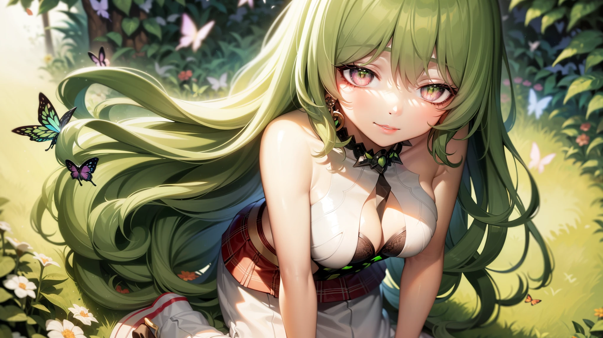 1 girl,Best quality, tmasterpiece, Long green hair, beautiful,detailed eyes, HD, super cute girl, super cute hairstyle, extremely detailed, Visually inspect the audience, The face is slightly red,is shy,adolable, small breasts cleavage, skirt, pleated skirt, frills, white dress, (solo:1.6), seductive smile, (green eyes with beautiful pupils:1.7), (on her knees:1.5), (garden background with butterflies and flowers around:1.2),