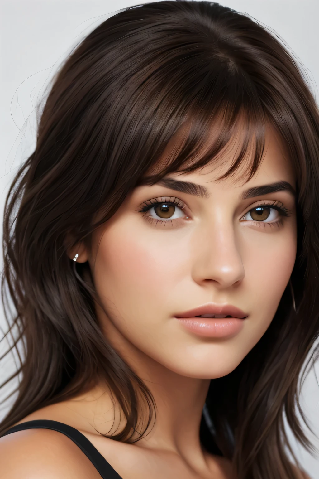 1mujer, (realista:1), brown hair, Cabello largo, ojos negros, feliz