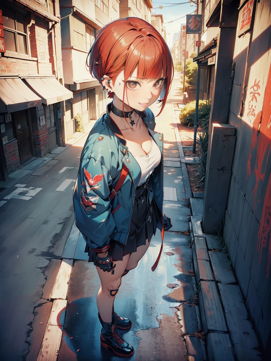 in the art style of persona5 and in the art style of street of rage 4, delinquent, (sukeban), mature_female, blush, mature, older woman, 25 years old, Sukeban teacher outfit, ((((1girl, solo female, solo, solo focus:1,9)))++++, choker, sukeban teacher, sukeban fighter, long_sleeves, open jacket, blue jacket,( jean)+++, light skin tone female, (full body)+++++, jacket, biker jacket, tape, arm_support, gloves, red_gloves, bridal gauntlets, nail polish, boots, black_footwear, fighter outfit, (full body)+++++++, hourglass, mature face, cheeky smile, cheeky face, wrinkles, (((((red hair, short hair, bob cut, earrings, ear piercings)))), red eyeighting art, Martial arts, standing, fighting_stance, fight, fighting), extra colors, 2D, megapixel, perfectionism, accent lighting, full HD , (Masterpiece:1.2), (full-body-shot:1),(cowboy shot:1.2), (Highly detailed:1.2),(anime Detailed Face:1.2), Colorful, A detailed eye, (Detailed landscape:1.2), (natural lighting:1.2), ((sukeban school teacher)) by Vincent Di Fate: Aidyllery, Anamorphic Shot, rule of thirds, face by Artgerm and WLOP, ((street of rage 4 city backround)), fictive city backround in the style art of street of rage 4,
