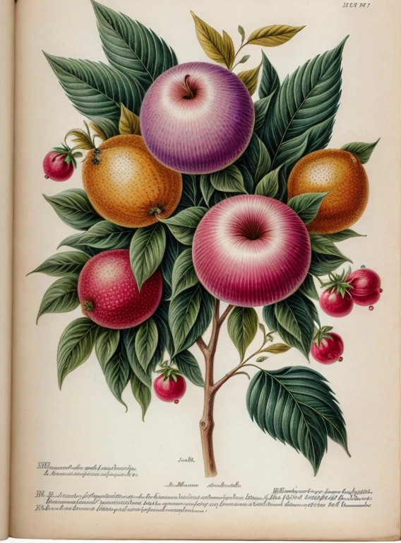 (best quality:1.2), (detailed:1.2), (masterpiece:1.2), vintage botanical illustrations of impossible magic fruit (1770 1775) in high resolution by John Edwards