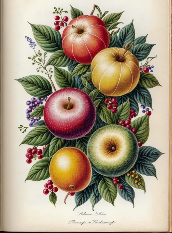 (best quality:1.2), (detailed:1.2), (masterpiece:1.2), vintage botanical illustrations of impossible magic fruit (1770 1775) in high resolution by John Edwards