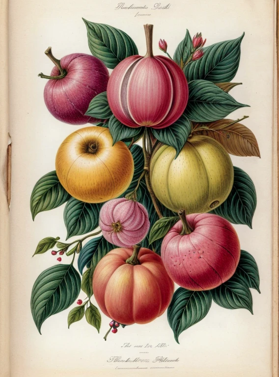 (best quality:1.2), (detailed:1.2), (masterpiece:1.2), vintage botanical illustrations of impossible magic fruit (1770 1775) in high resolution by John Edwards