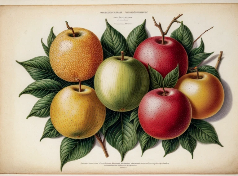(best quality:1.2), (detailed:1.2), (masterpiece:1.2), vintage botanical illustrations of impossible magic fruit (1770 1775) in high resolution by John Edwards