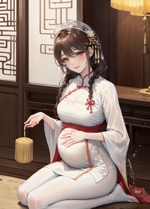 masterpiece, best quality, married woman, aldult, Chinese style, China, elder sister, Smile, brown hair, princess cut, Single braid,white pantyhose,Full of motherhood,传统China服装,pure,blush,Dignified yet lively,Mother,Place your hands on your stomach,thin lips,Pregnant