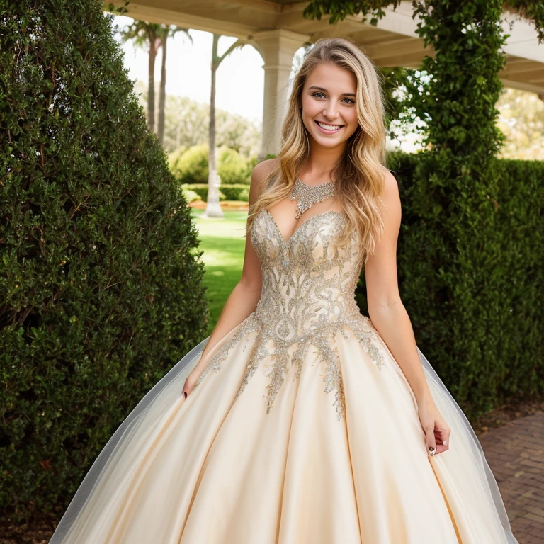 Adorable skinny blonde 18 year old girl smiling, she is at a party wear a very elaborate elegant ball gown, 