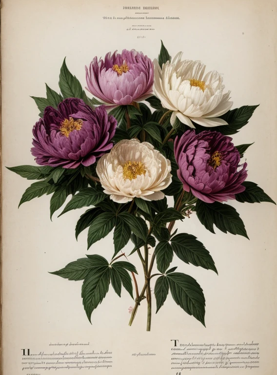 (best quality:1.2), (detailed:1.2), (masterpiece:1.2), vintage botanical illustrations of black peonies (1770 1775) in high resolution by John Edwards