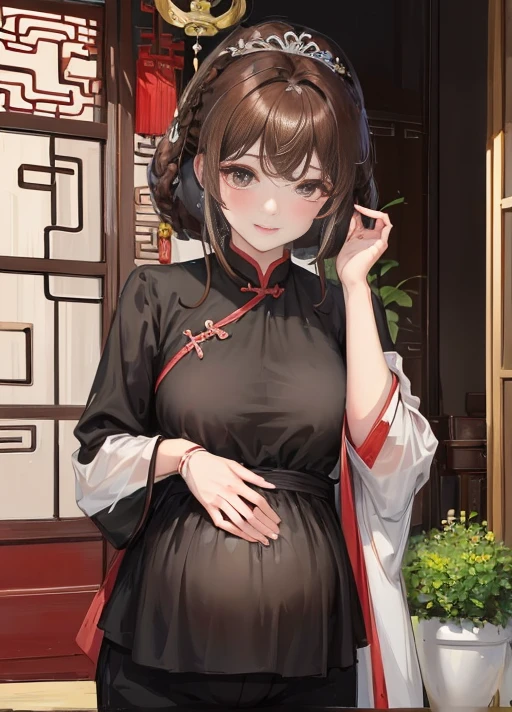 masterpiece, best quality, married woman， aldult, Chinese style, China, elder sister,  Smile, brown hair, princess cut, Single braid，black pants，Full of motherhood，传统China服装，pure，blush，Dignified yet lively，Mother，Place your hands on your stomach，thin lips，Pregnant