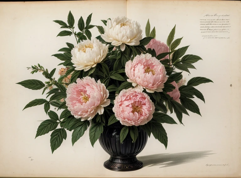 (best quality:1.2), (detailed:1.2), (masterpiece:1.2), vintage botanical illustrations of black peonies (1770 1775) in high resolution by John Edwards