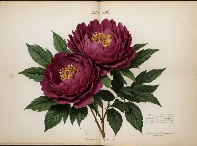 (best quality:1.2), (detailed:1.2), (masterpiece:1.2), vintage botanical illustrations of black peonies (1770 1775) in high resolution by John Edwards