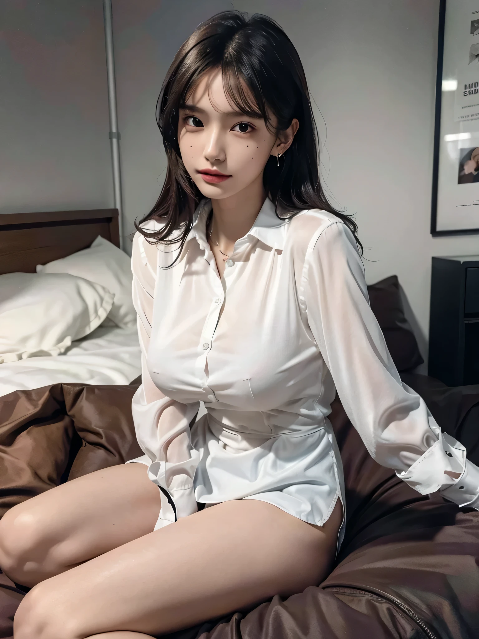 disorganized, RAW photo, very delicate and beautiful, masterpiece, highest quality, ultra high resolution, 16k, surreal, super detailed, perfect anatomy, super dense skin, perfect figure, Highly detailed CG 8k wallpaper, 20's, very slim body, (tight waist:1.2), very small head, very small face, delicate features, tearful mole, mole on chest, earrings, thin legs, (very huge round breasts:1.3), (full body shot:1.2), short middle hair, wavy hair, (collared shirt:1.3), (barefoot:1.2),