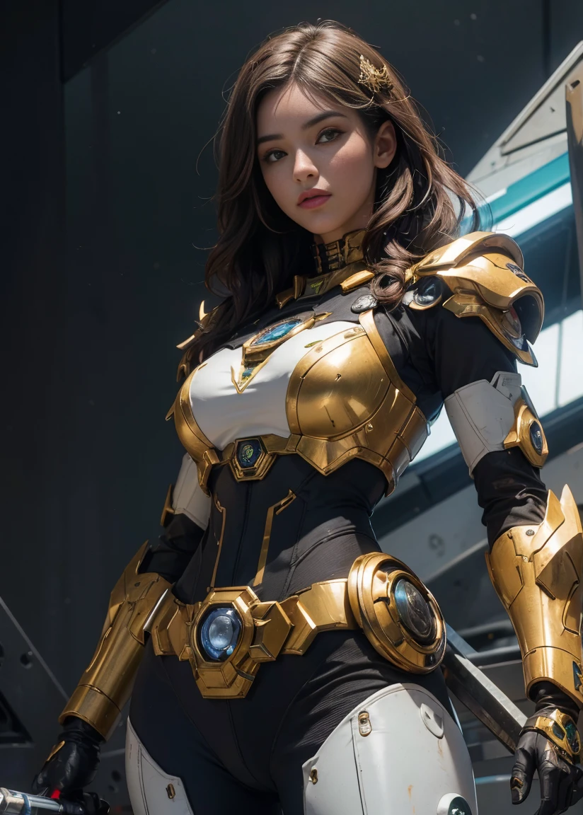 Pele texturizada, super detalhe, detalhes altos, alta qualidade, melhor qualidade, high resolution, 1080P, hard disk, Lindo,(Patriota de Ferro),mulher ciborgue bonita,Mecha Cyborg ,Modo de batalha, com um corpo Mecha,She wears a futuristic Patriota de Ferro mech,Tiro de corpo inteiro