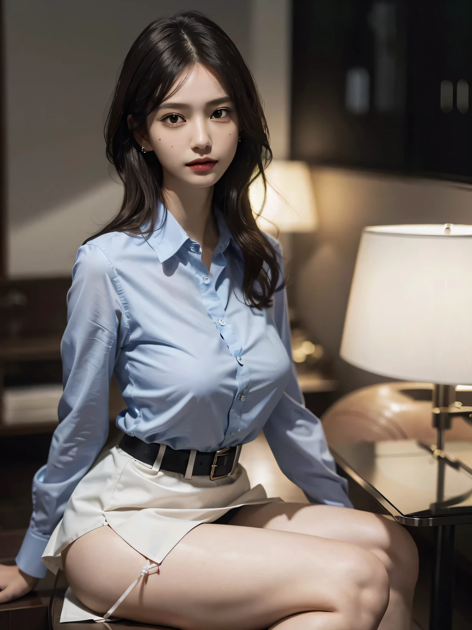 disorganized, RAW photo, very delicate and beautiful, masterpiece, highest quality, ultra high resolution, 16k, surreal, super detailed, perfect anatomy, super dense skin, perfect figure, Highly detailed CG 8k wallpaper, 20's, very slim body, (tight waist:1.2), very small head, very small face, delicate features, tearful mole, mole on chest, earrings, thin legs, (very huge round breasts:1.3), (full body shot:1.2), short middle hair, wavy hair, (collared shirt:1.2), barefoot, mini skirt,