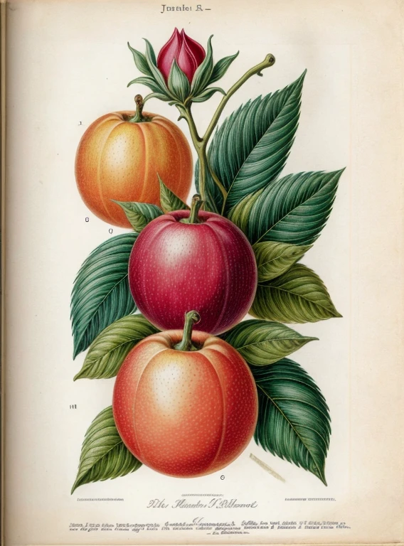 (best quality:1.2), (detailed:1.2), (masterpiece:1.2), vintage botanical illustrations of impossible magic fruit (1770 1775) in high resolution by John Edwards