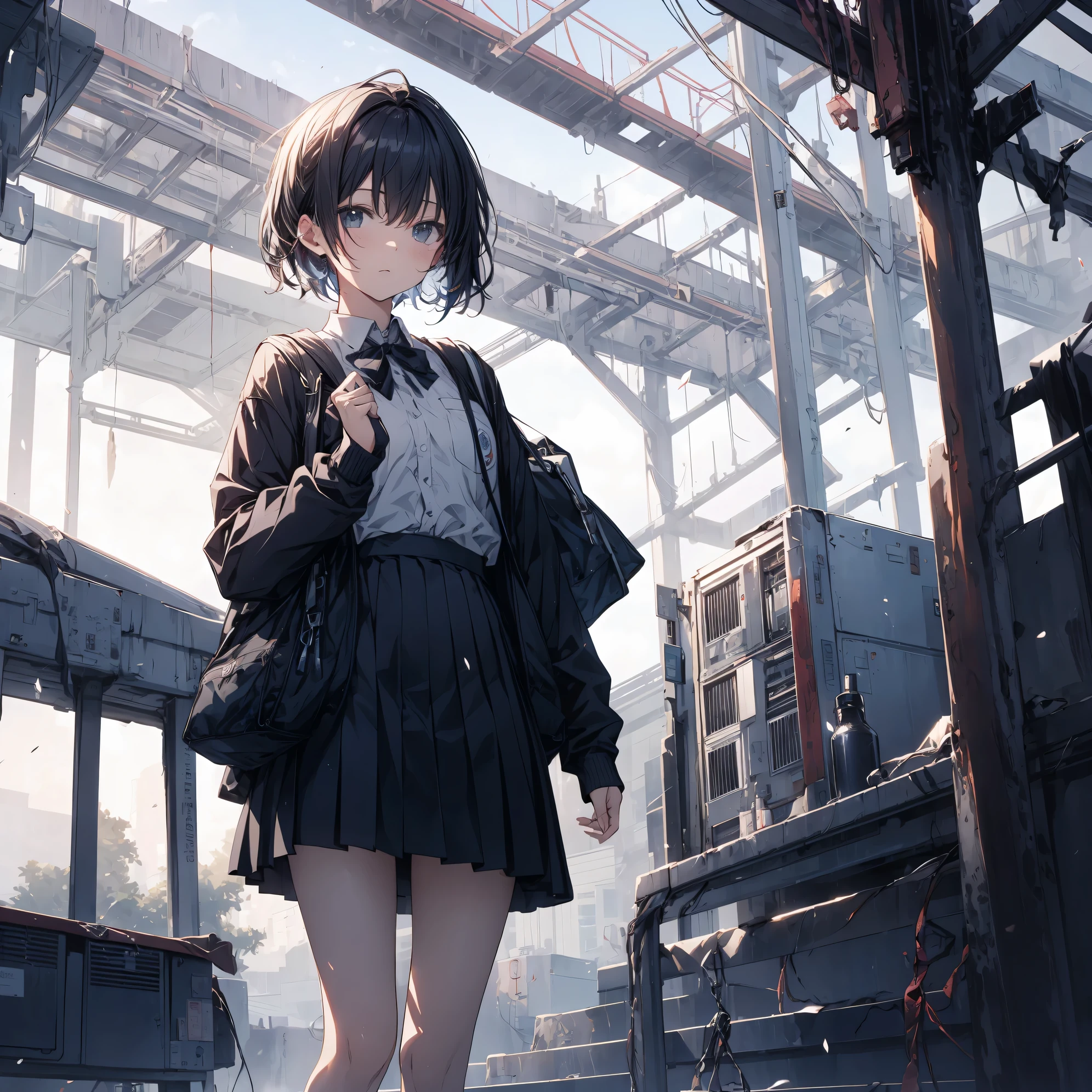 Super high quality by the art god, super detailed, High resolution,Kyoto animation style, anime moe art style, best anime 8K konachan wallpaper, pixiv contest winner, perfect ???????, break,(眠そうにalone学校へ行く女の子を描いてください. ),break, surreal high school girl, (alone,lolita,13 years old:1.3),All limbs, full finger,, androgynous charm, (very short hair), messy hair, flat chest, small ass, between legs, Small black eyes,beautiful and fine eyes, Well-proportioned iris and pupils, disgusted eyes, High resolutionの詳細な髪, wearing , (skirt), On the way to school. break,super dense skin, Best lighting by famous artists, 8K, figure,