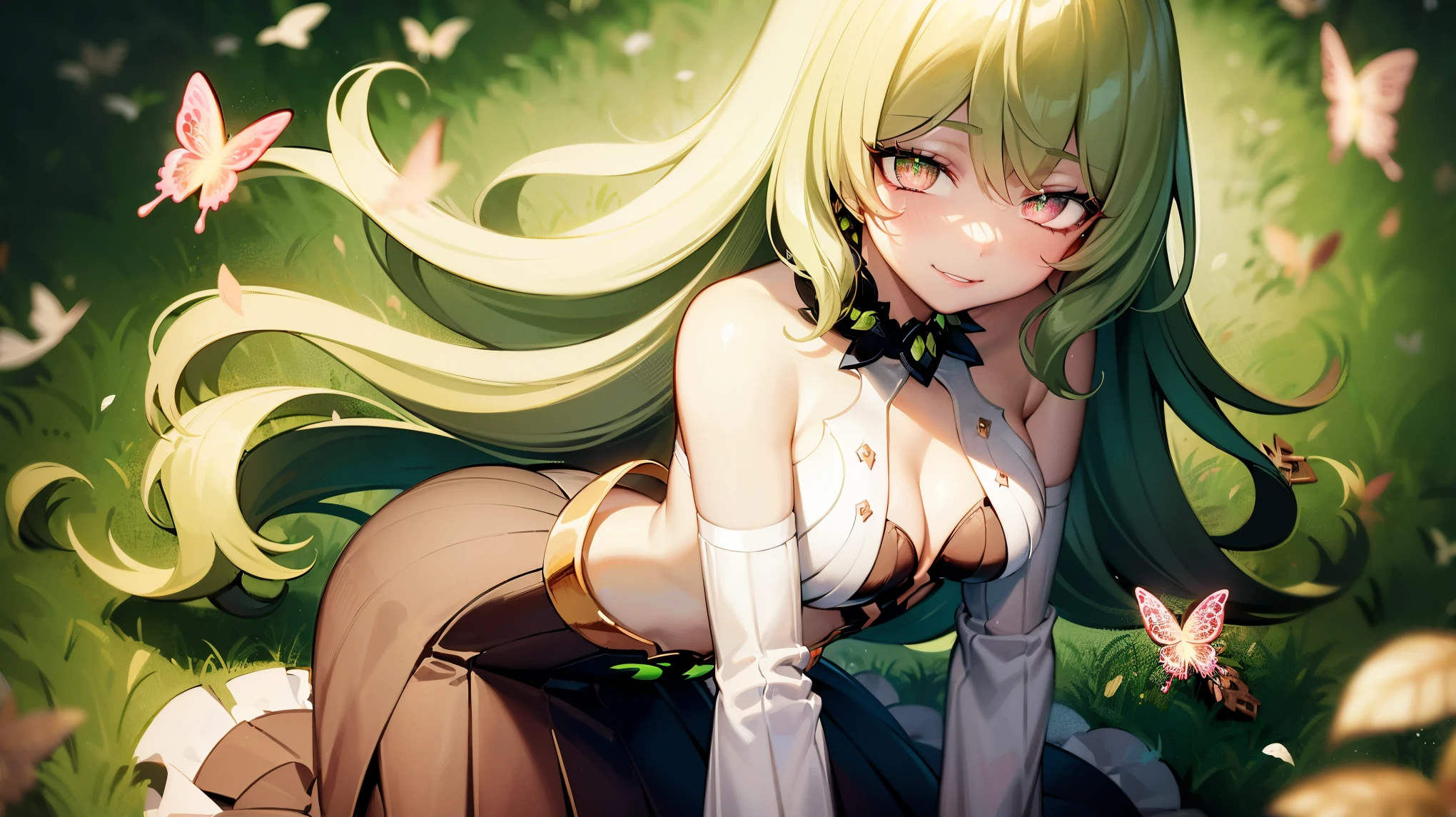 1 girl，Best quality, tmasterpiece, Long green hair, beautiful,detailed eyes, HD, super cute girl, super cute hairstyle, extremely detailed, Visually inspect the audience, The face is slightly red，is shy，adolable， small breasts cleavage, skirt, pleated skirt, frills, white dress, (solo:1.6), seductive smile, (green eyes with beautiful pupils:1.7), (on her knees:1.5), (garden background with butterflies and flowers around:1.2),