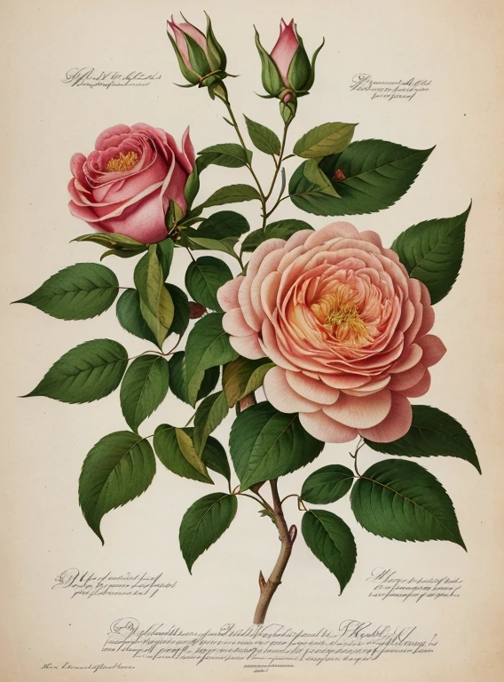 (best quality:1.2), (detailed:1.2), (artwork:1.2), vintage botanical illustrations of Larger Provence Rose (1770 1775) in high resolution by John Edwards