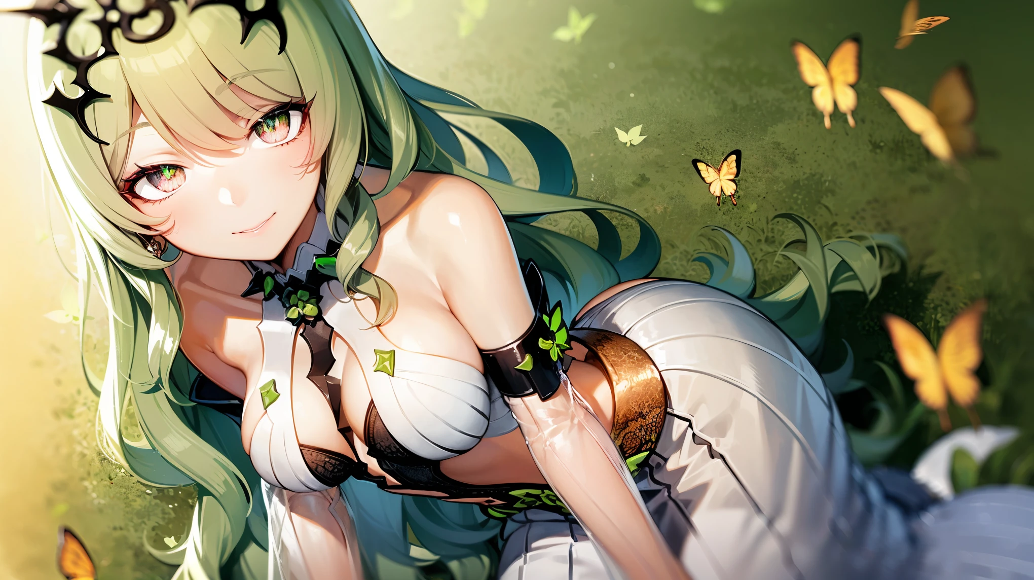 1 girl，Best quality, tmasterpiece, Long green hair, beautiful,detailed eyes, HD, super cute girl, super cute hairstyle, extremely detailed, Visually inspect the audience, The face is slightly red，is shy，adolable， small breasts cleavage, skirt, pleated skirt, frills, white dress, (solo:1.6), seductive smile, (green eyes with beautiful pupils:1.7), (on her knees:1.5), (garden background with butterflies and flowers around:1.2),