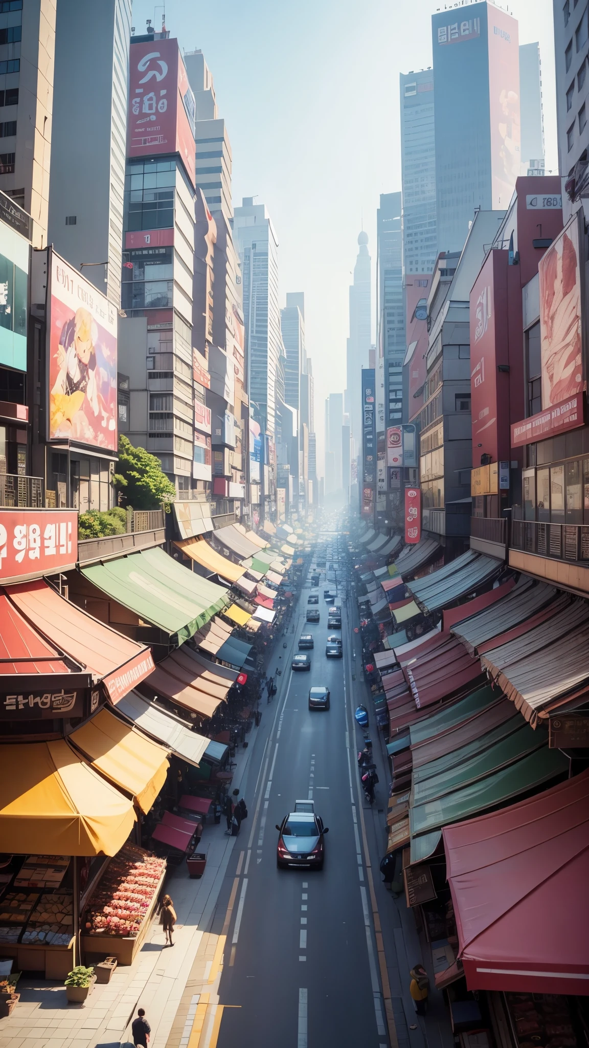 downtown myeong-dong seoul in the daytime, 4K, ultrasharp, 8k, cars, people, anime, illustration, gibli